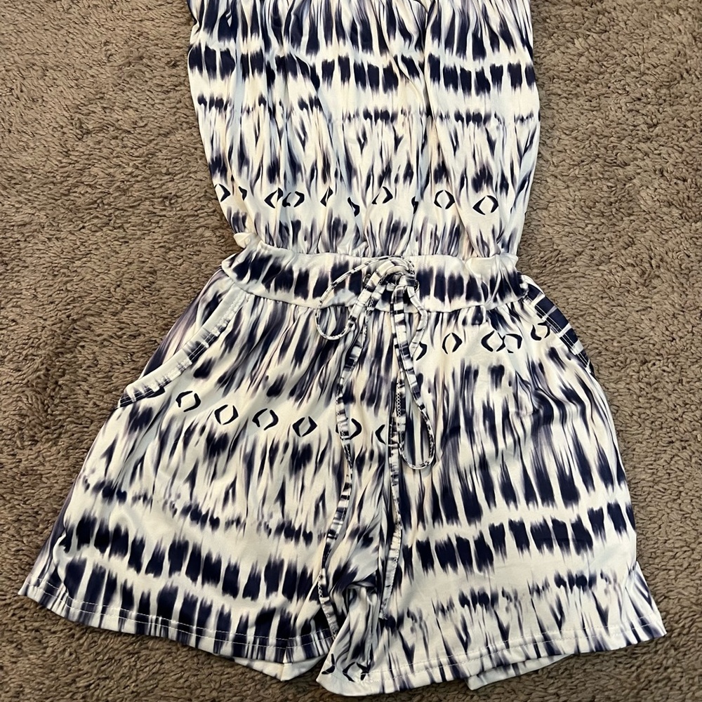 White & Purple strapless romper. Tie dye affect